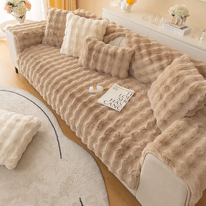 Soft Warm Faux Fur Couch Sofa Cover Thick Shaggy Fuzzy Sectional Couch Cover Non-Slip Solid Color Plush Sofa Slipcover Furniture Protector for Kids, Pets (Coffee,28"x35")
