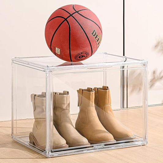 4 Pack XXX-Large Clear Display Case 17.7" x 13" x 13" Extra Large Display Organizer Box with Magnetic Door, Stackable Acrylic Storage Bin for Boots, Shoes, Collectibles, Bags, Figures