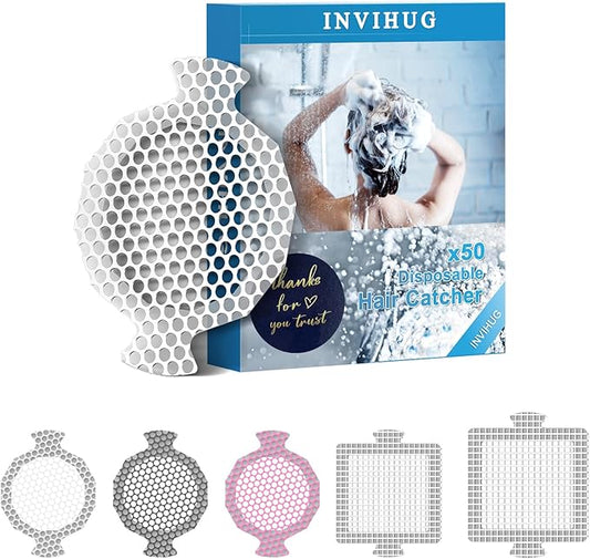 INVIHUG,50 Pack, Disposable Shower Drain Hair Catcher Mesh Stickers,Disposable Hair Drain Catcher. (White)
