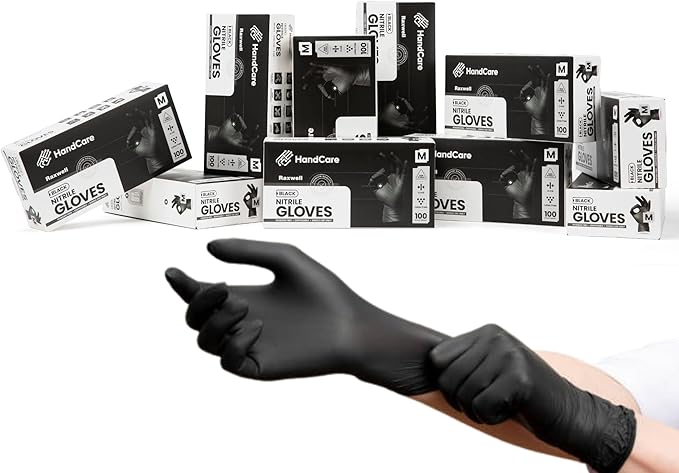 HandCare 4 Mil Black Nitrile Disposable Gloves, Powder-Free & Latex-Free for Tattoo, Food Prep & Cleaning