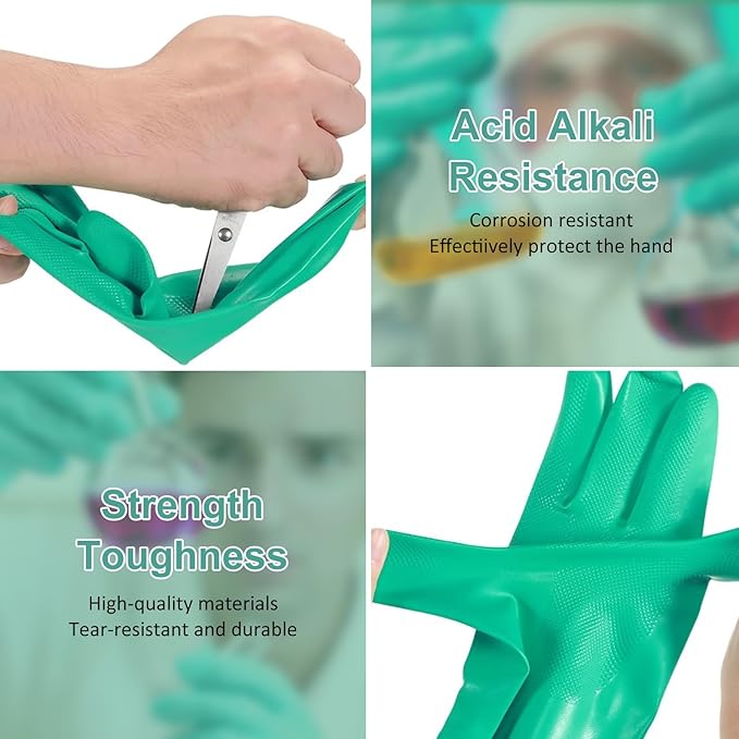 Beieverluck 10 Pairs Chemical Resistant Gloves, Reusable Heavy Duty Rubber Work Gloves, 12.6" Long Nitrile Gloves for Acid Alkali Oil Protection and Industrial Use Household, X-Large