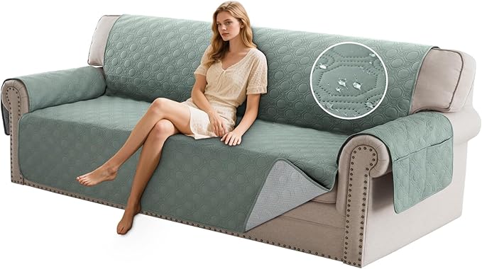 PrinceDeco Large Couch Covers for Oversized Sofa 3 Cushion Couch Sofa Cover for Dogs Water Proof Furniture Protector Cover with Elastic Straps for Pet (Oversized Sofa, Lily Pad)
