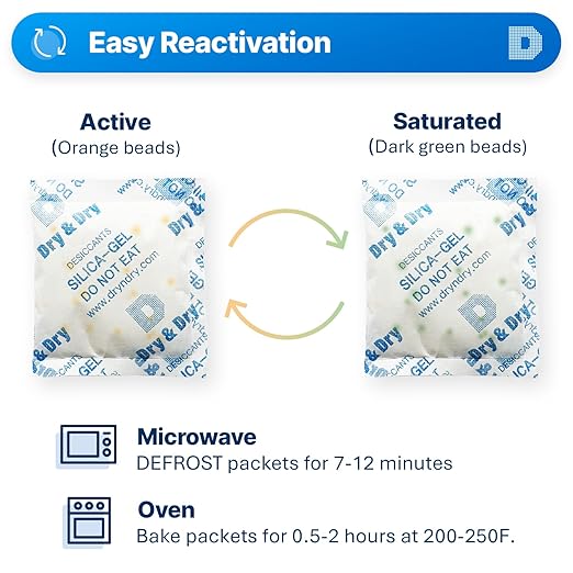 Dry & Dry Orange Indicating Silica Gel Packets Desiccants - Food Safe Silica Gel, Desiccant Packs for Food Storage - 6 Packets (50 Gram)