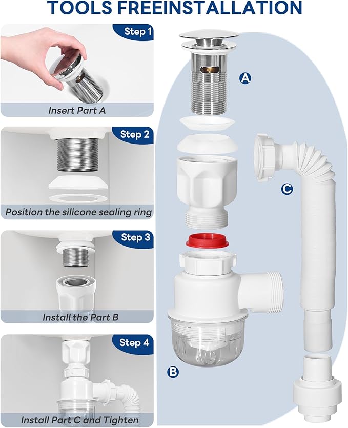 BOTEMY Polished Bathroom Sink Drain Kit with Flexible Sink Drain Pipe -No Tool Installation,11.8-28.4" Anti-Odor Expandable Sink P-Trap,1.25"-1.5" Pop Up Stopper &Strainer Hair Catcher(with Overflow)