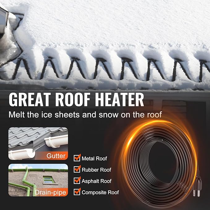 VEVOR Self-Regulating Pipe Heating Cable, 24FT 5W/FT Heat Tape for Pipes, Roof Snow Melting De-icing, Gutter and Pipe Freeze Protection