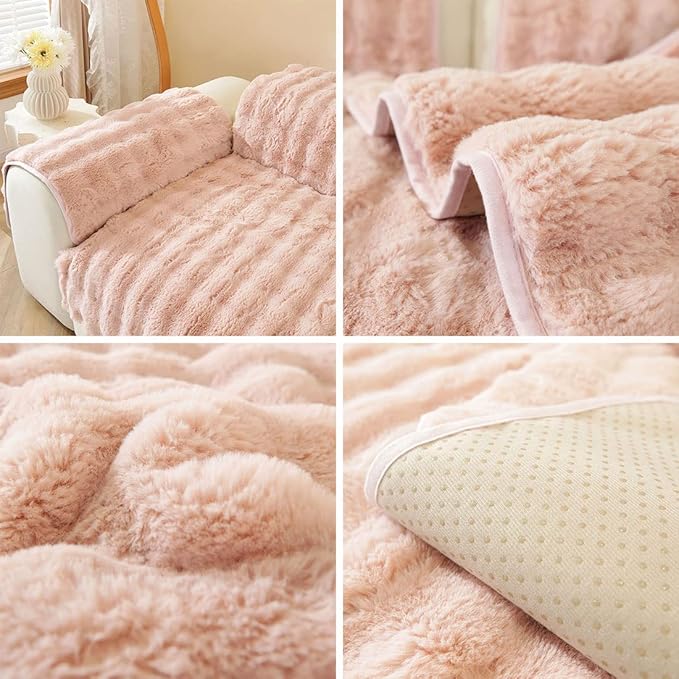 Soft Warm Faux Fur Couch Sofa Cover Thick Shaggy Fuzzy Sectional Couch Cover Non-Slip Solid Color Plush Sofa Slipcover Furniture Protector for Kids, Pets (Pink,43"x82")