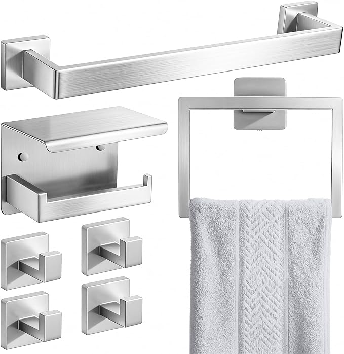 Brushed Nickel Bathroom Accessories Hardware Set, 7-Pieces Stainless Steel Towel Racks for Bathroom, 16 Inch Towel Bar, Towel Holders, Updated Toilet Paper Holder with Shelf Wall Mounted