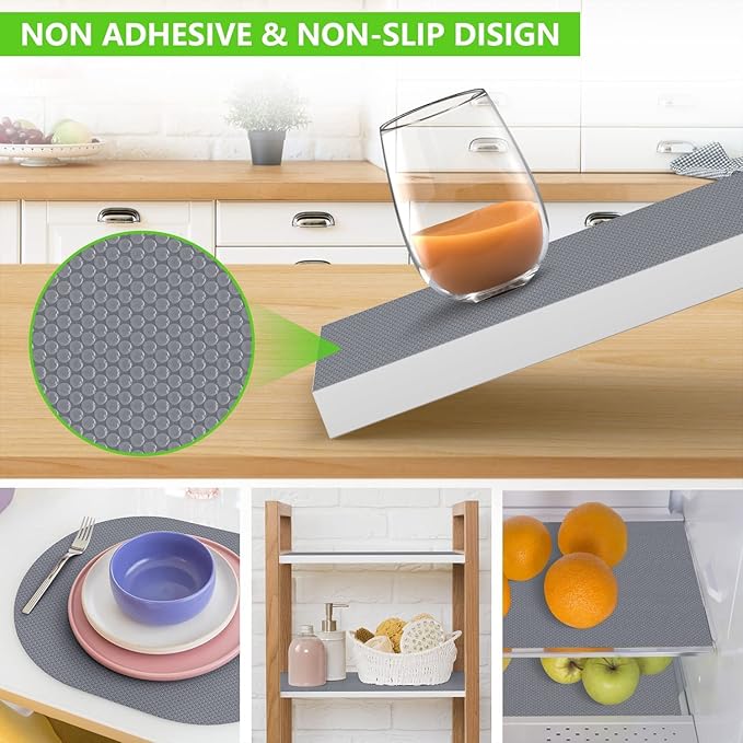 Shelf Liners for Kitchen Cabinets Non Adhesive Drawer Liner for Bathroom Waterproof Refrigerator Liners for Shelves Fridge Plastic Mats Cabinet Cupboard Liner Gray 2 Rolls 17.5 x 236.2 Inches