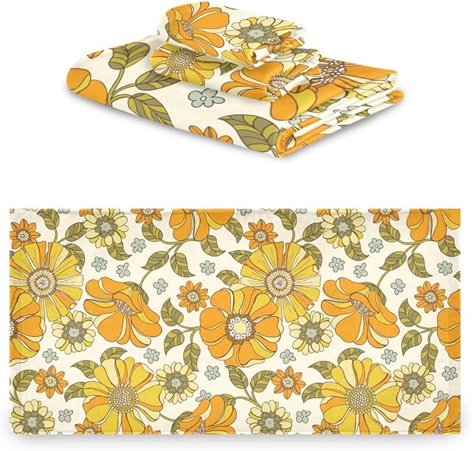 3 Piece Retro 70s Floral Bath Towel Set,Microfiber Decorative Vintage Hippie Orange Groovy Daisy Flower Bathroom Towels,1 Bath Towel 1 Hand Towel for Bathroom Kitchen,1 Washcloth for Face