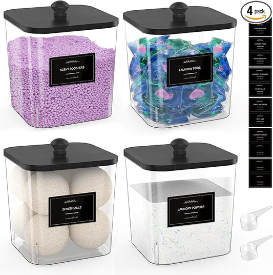 4 Pack Clear Laundry Pods Container, Plastic Square Laundry Room Organization and Storage Jars with Black Lids, Scoops & Labels for Detergent, Powder, Dryer Balls