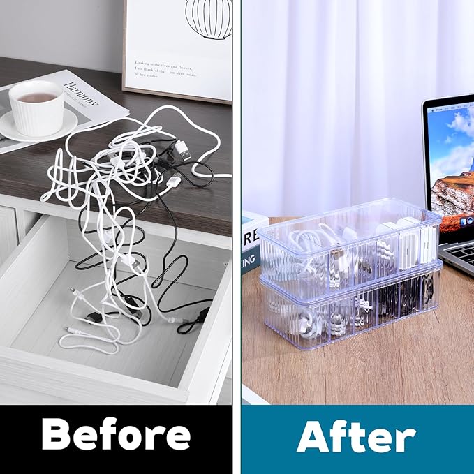4 Pcs Cord Organizer Box, 8 x 4 x 2 Inch Small Clear Plastic Cable Organizer Box with Lid 6 Compartments Cord Boxs for Home, Office, Desktop Organization