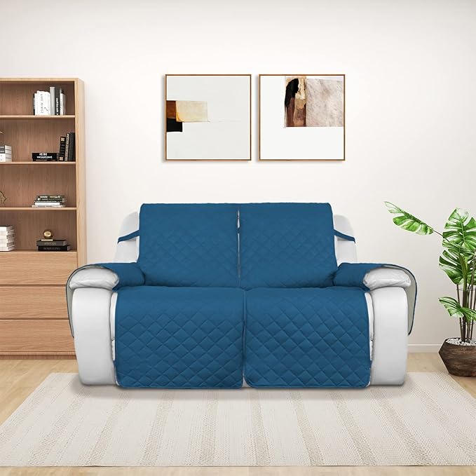 PureFit Water Resistant Reversible Sofa Covers for Reclining Sofa 2 Seat - Non Slip Split Recliner Couch Cover for Double Recliner, Washable Furniture Protector for Dogs (2 Seat, Peacock Blue/Beige)