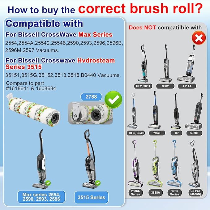 Lemige 3 Pack Multi-Surface Pet Brush Rolls 2788 and 3 Pack Vacuum Filters 1866 for Bissell CrossWave Max 2554 2590 2593 2596 for HydroSteam 35151 3515 35152 3513 3518 Vacuums, Part 1618641 & 1608684