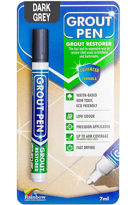 Grout Pen Dark Grey Tile Grout Paint Marker: Waterproof Tile Grout Paint Pen Colorant, Grout Shine Touch Up & Renew - Dark Grey, Narrow 5mm Tip (7mL)