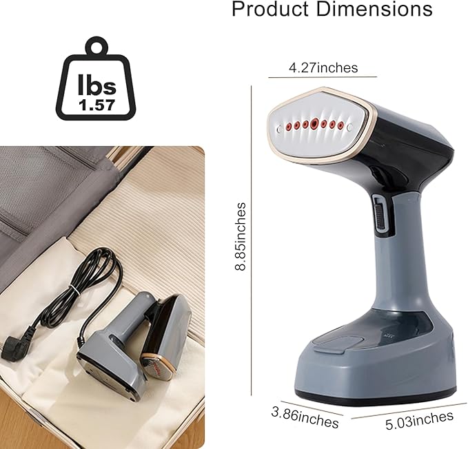 Powerful Handheld Clothing Steamer, 1500W Foldable Portable Clothing Wrinkle Remover, 15S Preheating, 20g/Min Strong Penetration Steam, 5.9ft Rope, Essential for Home, Travel & Office (Grey)