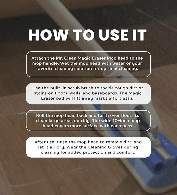 2X Magic Eraser 10 in. W Roller Mop with Scrub Brush Bundle with Cleaning Gloves – Dual-Action Mop for Tough Floor Messes with Built-in Scrubber – Gift Set (3 Items)