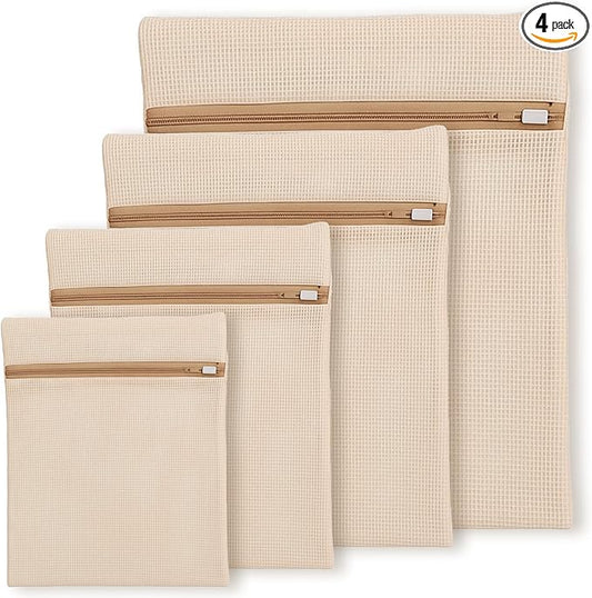 Cotton Mesh Laundry Bags, 4 PCS Delicate Laundry Bag 26"x 20", 20"x16", 16"x12", 12"x8" Garment Bag with Sturdy Zipper for Washing Machine, Lingerie, Clothes, Pants, Shoes