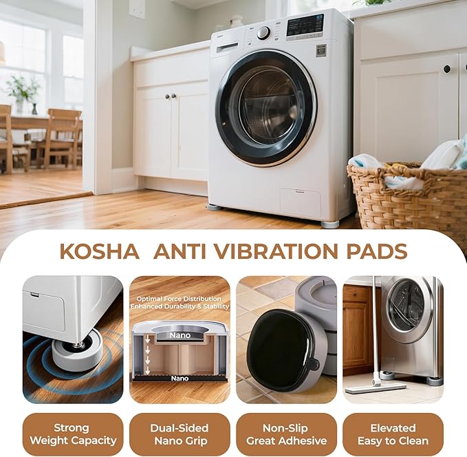 KOSHA Anti Vibration Pads for Washing Machine, 4 Pack Universal Washer Dryer Support Foot Pads, Non-Slip Rubber Feet Stabilizer with Noise Reduction, Floor Protection, Stop Shaking