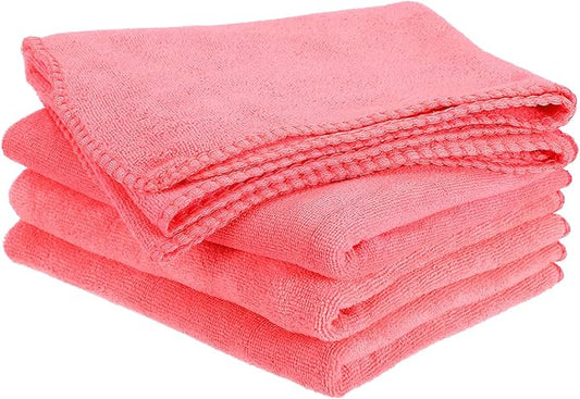 HARFINGTON 4 Pack Microfiber Cleaning Cloth, 28" x 12" Multi-Functional Cleaning Towels Reusable Absorbent Rags for Car Wash Kitchen Household Window Clean, Rose Red