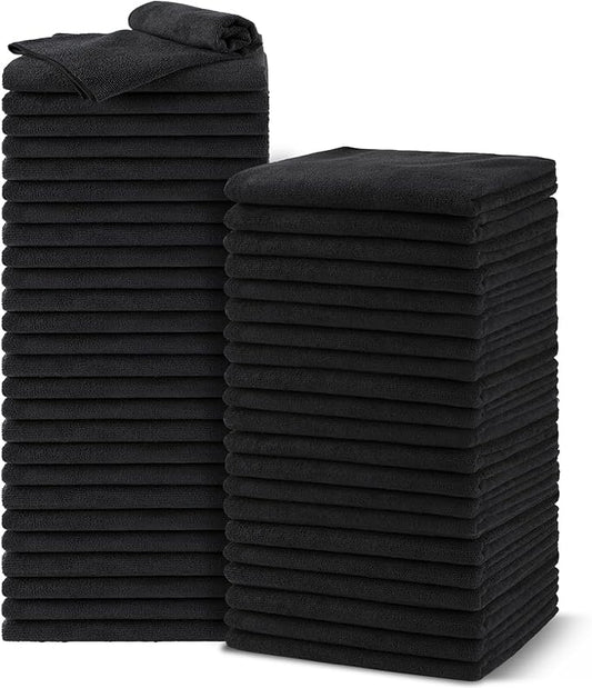 Salon Towels 48 Pack, Microfiber Barber Towel Bulk,(16x29 inches) Fast Drying Hair Towels Super Soft Black Hnad Towels for Gym, Salon, Bath, Spa Use and Home Hair Care(Not Bleach Proof)