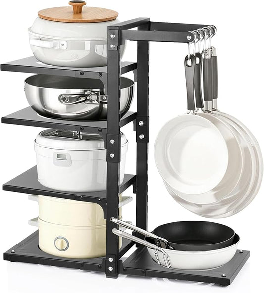 4-Tier Pot and Pan Organizer Rack, Adjustable Kitchen Cabinet Storage with Hooks, Black Metal, Space-Saving Cookware Holder