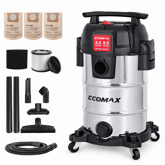 ECOMAX 8 Gallon Ultra Quiet Stainless Steel Shop Vacuum Wet - Image 1