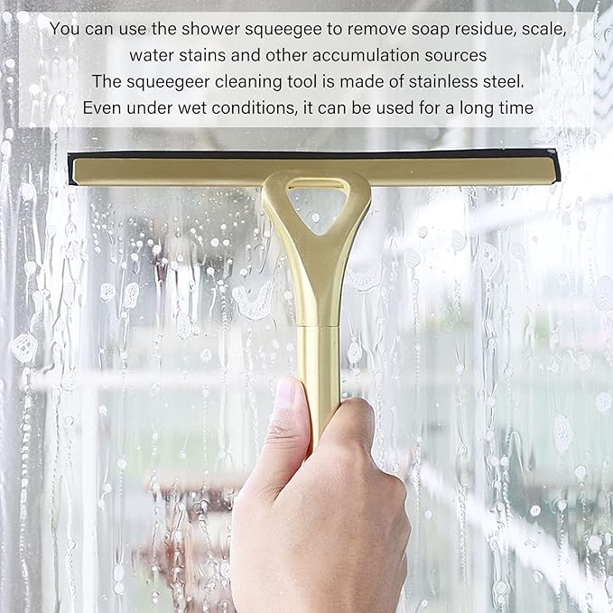Shower Squeegee for Glass Doors with Adhesive Hook Gold Window Squeegee Rubber Scraper for Bathroom, Window, Mirror, Car Glass, Tile Wall