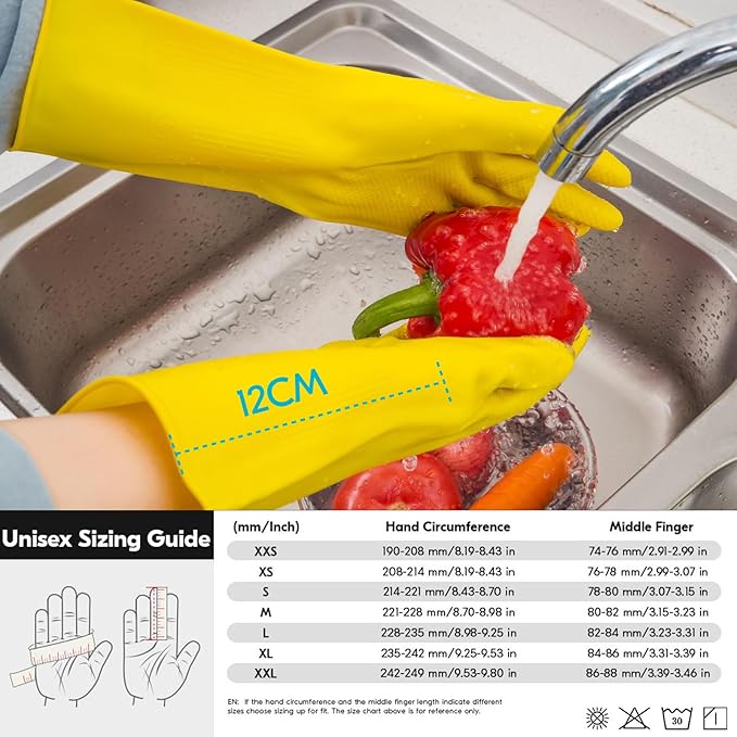 Vgo... 1-Pair Reusable Household Gloves, Rubber Dishwashing gloves, Extra Thickness, Long Sleeves, Kitchen Cleaning, Working, Painting, Gardening, Pet Care (Size XL, Yellow, HH4601)
