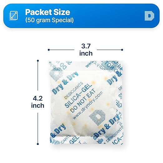 Dry & Dry 50 Gram [200 Packets] Orange Indicating Silica Gel Packets Desiccants - Food Safe Silica Packs, Silica Gel, Silica Packets, Desiccant Packs for Food Storage