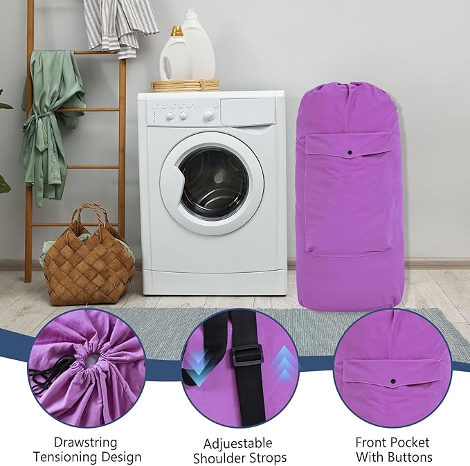Sanlykate Canvas Backpack Laundry Bag - Extra Large Durable Dirty Clothes 2-3 Days Capacity with Adjustable Shoulder Strap & Front Pocket, for College Dorm, Apartment, Laundromats, Camping Travel