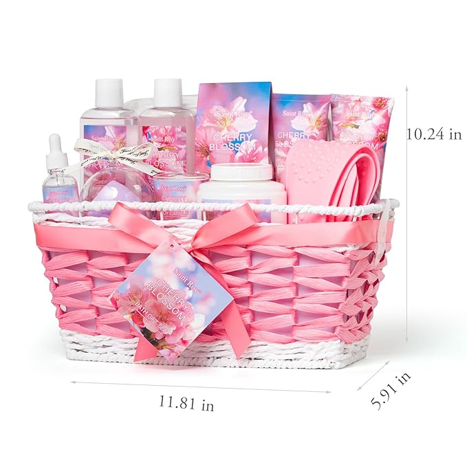 12 Pcs Bath & Body Gift Set Basket for Women, Cherry Blossom Bath and Body Gift, spa kit Skin Care Set, Self Care Pampering Kit, Diffuser, Home Spa, cosmetic Bag, Birthday, Mother Day, Bridal Shower