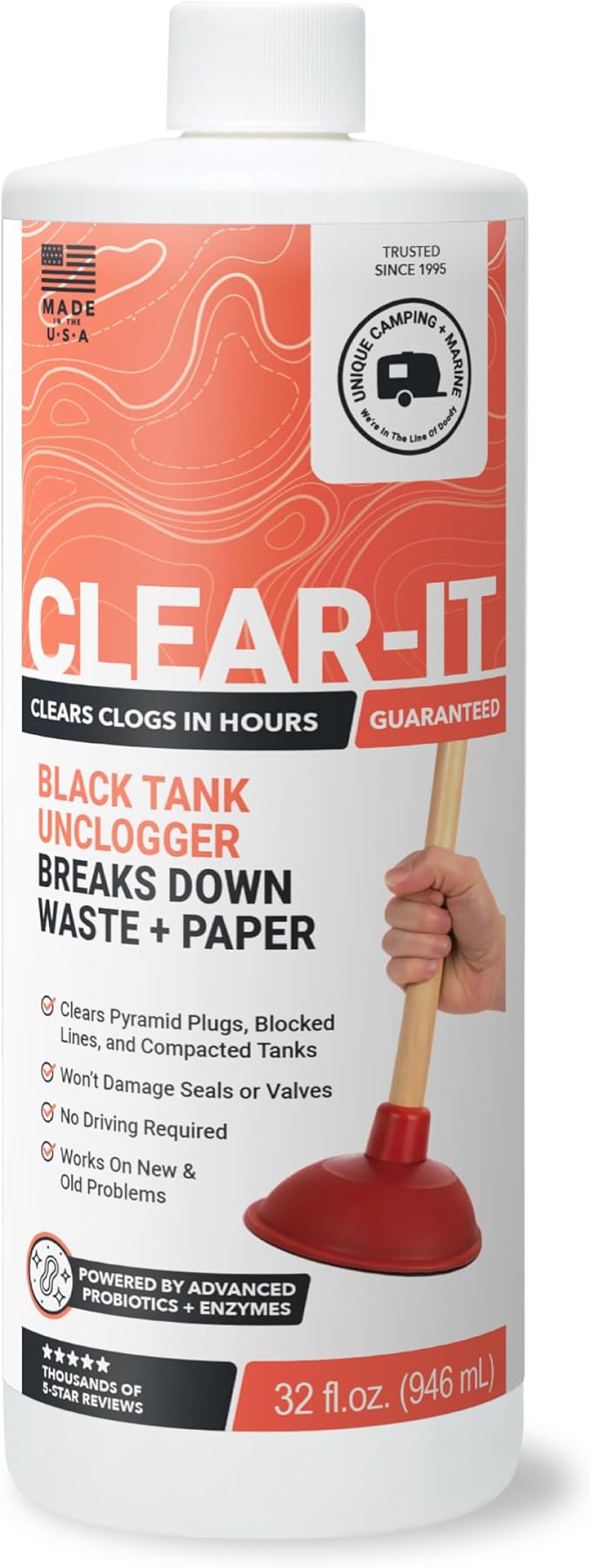 Unique Clear-It RV Black Tank Unclogger Liquid - Breaks Through Pyramid Plugs, Compacted Tanks, and Clogged Pipes (32 oz)