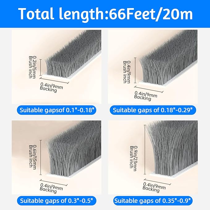 66 Ft Strong Adhesive Brush Weather Stripping for Sliding Windows and Door Frames-Seal Strip for Soundproofing,Waterproof,and Windproof-Durable and Wear Resistant,0.6"x 0.4"