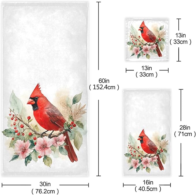 Pfrewn Christmas Winter Towels Set of 3 Red Cardinal Bird on Beautiful Flowers Bathroom Towel Soft Absorbent Bath Hand Towels Washcloth Guest Towel Sets Xmas Holiday Decor