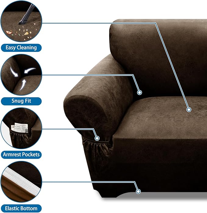 Oversized Sofa Slipcover Leather Look Couch Cover for 4 Seater Sofa 1-Piece Sofa Cover Stretch Furniture Protector with Elastic Bottom & Pockets(XL Sofa, Coffee)