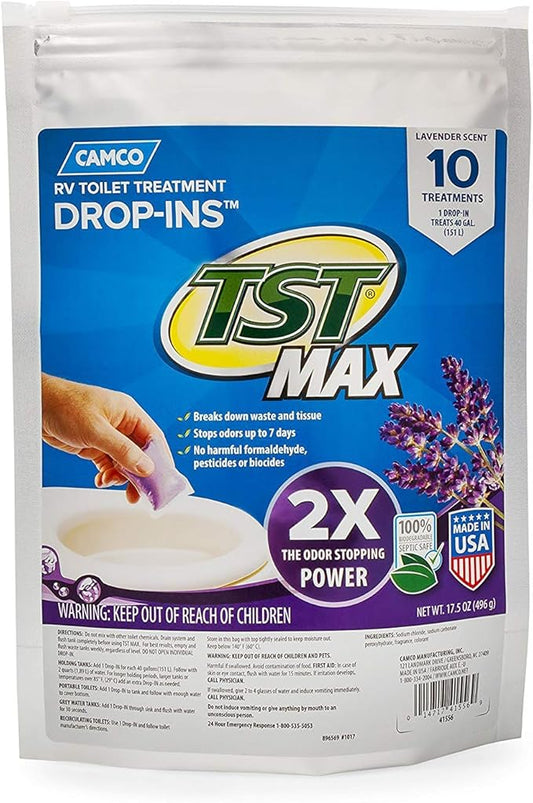 Camco TST MAX RV Toilet Treatment Drop-INs - Control Unwanted Odors and Break Down Waste and Tissue - Septic Tank Safe - Lavender Scent - 10-pack (41556)