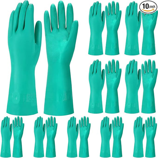 10 Pairs Chemical Resistant Gloves Heavy Duty Thick Nitrile Gloves Bulk for Cleaning, Resist Household Acid, Alkali and Oil (Medium)
