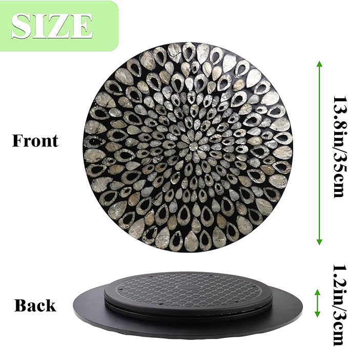 13.8" Mother of Pearl Lazy Susan Turnable Organizer, 360 Degree Round Table Countertop Decorative Spinning Tray for Kitchen Cabinet Counter Spice Pantry Dinner Table (Black Peacock Feather)