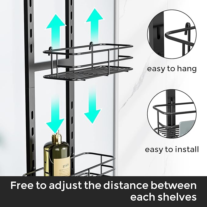 ODesign Over The Door Shower Caddy, 3-Tier Adjustable Hanging Caddy with 4 Hooks, Rustproof Bathroom Organizer with Suction Cup, Shower Shelf Rack for Shampoo, Razor - Black