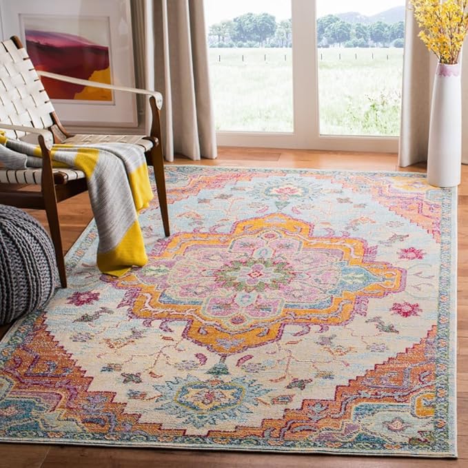SAFAVIEH Crystal Collection Accent Rug - 4' x 6', Light Blue & Fuchsia, Medallion Distressed Design, Non-Shedding & Easy Care, Ideal for High Traffic Areas in Entryway, Living Room, Bedroom (CRS501B)
