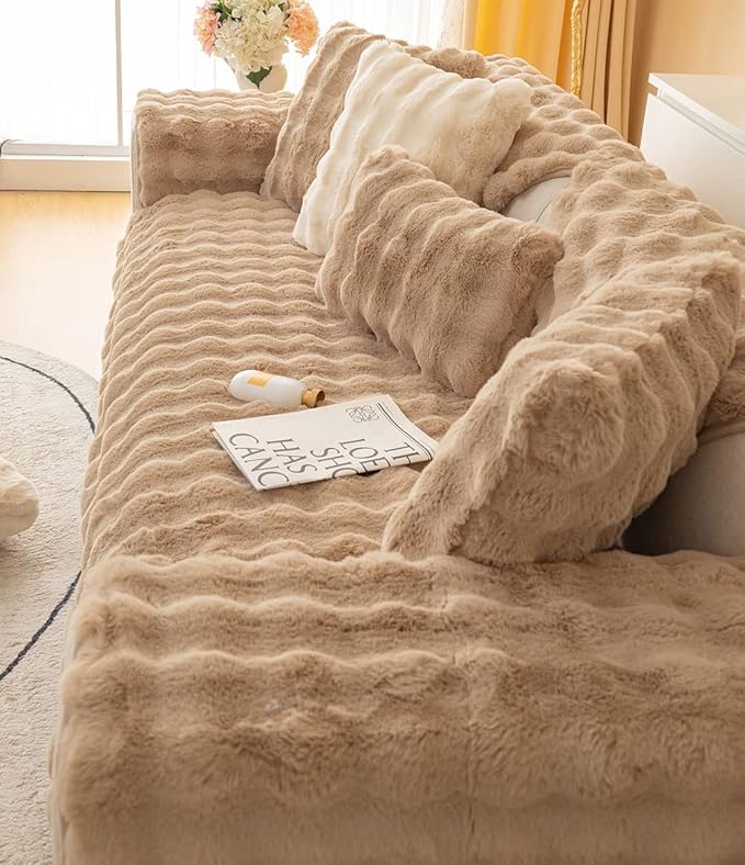 Soft Warm Faux Fur Couch Sofa Cover Thick Shaggy Fuzzy Sectional Couch Cover Non-Slip Solid Color Plush Sofa Slipcover Furniture Protector for Kids, Pets (Coffee,36"x82")