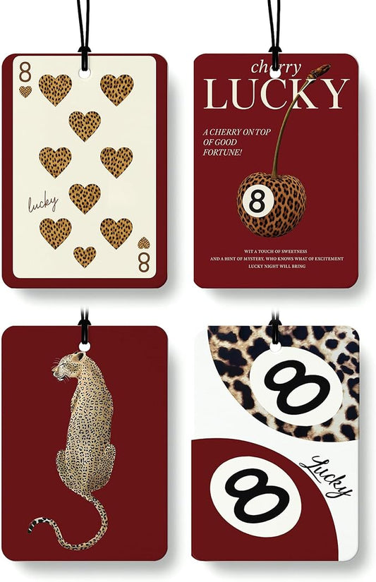 Funky Red Leopard Print Car Air Freshener 4 Pcs, Girly Cheetah Print Cherry Lucky 8 Ball Hanging Air Freshener for Cars Closet Drawer Books, Cute Leopard Car Accessories Mirror Decor for Women