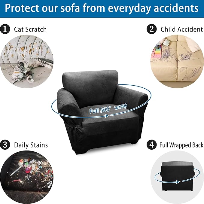 Single Sofa Cover Leather Look Chair Covers for Living Room 1-Piece Sofa Chair Covers with Arms Stretch Furniture Protector with Elastic Bottom & Pockets(Armchair, Dark Grey)