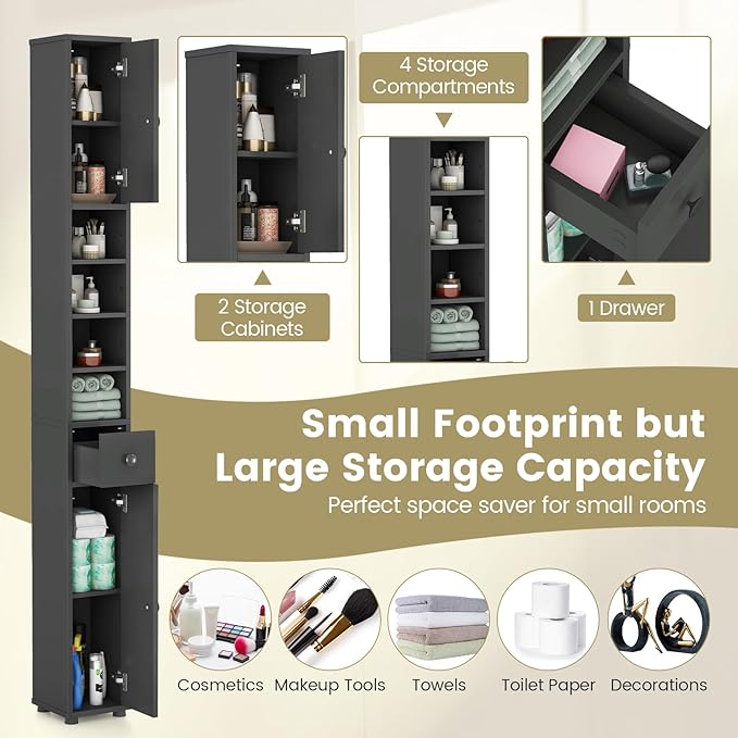 71" Tall Narrow Bathroom Storage Cabinet, Modern Skinny Toilet Paper Storage Organizer w/1 Drawer, 2 Doors & 5 Adjustable Shelves, Slim Tower Floor Cabinets for Small Spaces