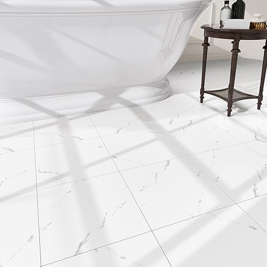 40 Pack Cover 40 Sq.Ft Peel and Stick Floor Tiles, 12” x 12” Self Adhesive Vinyl Flooring Easy DIY Installation for Kitchen, Living Room, Laundry, RV, Matte White Vein Marble