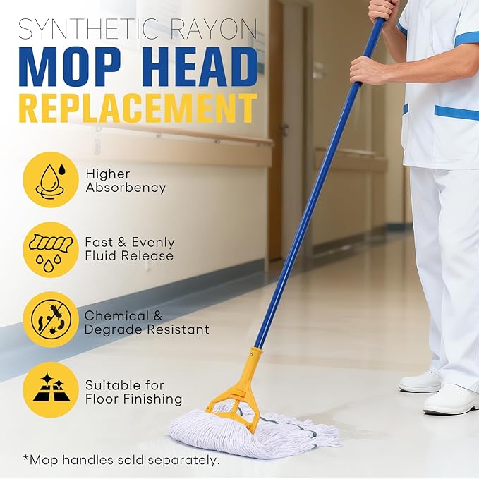 Matthew Cleaning Synthetic Rayon Mop Head Replacement, Chemical Resistant 4-Ply Looped End Commercial Mops for Floor Cleaning and Finishing, 16 oz Medium, Case Pack 12 Pcs