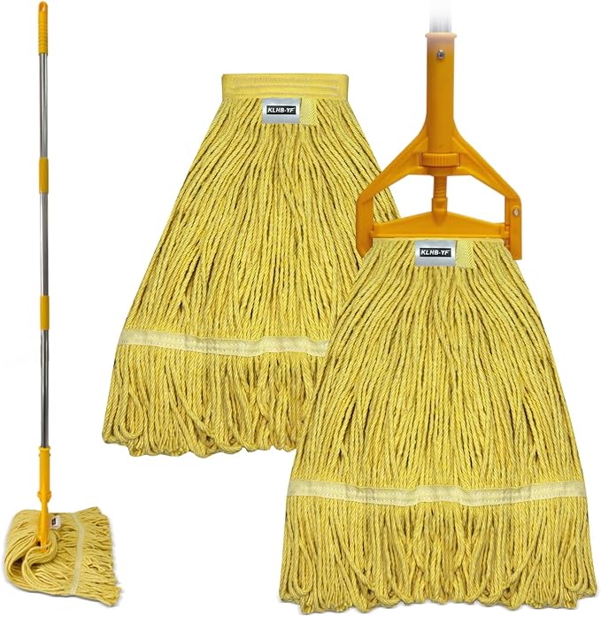 Commercial Cotton Mop Heavy-Duty Industrial with 2 Replacement Heads 152 cm Handle Replacement mop Head (Yellow)