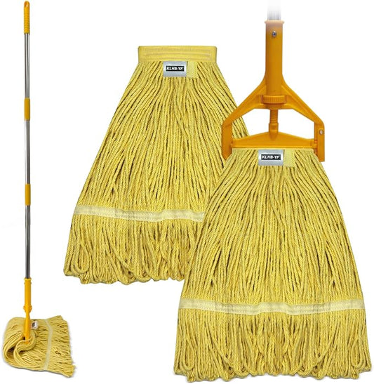 Commercial Cotton Mop Heavy-Duty Industrial with 2 Replacement Heads 152 cm Handle Replacement mop Head (Yellow)