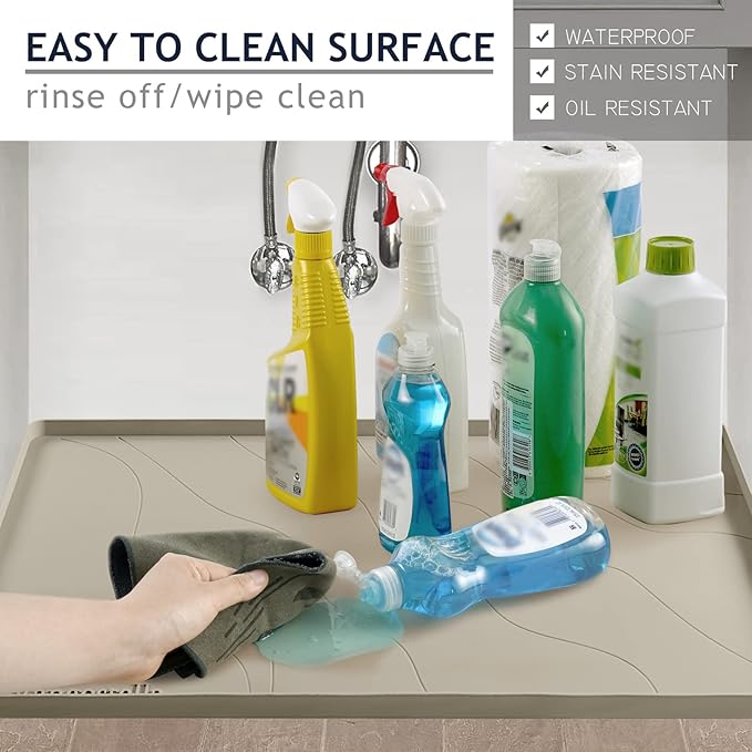Heavy Duty Silicone Under Sink Mats for Kitchen Waterproof 31" x 19", Extra Thick Under Sink Rubber Mat Drip Tray, Raised Edge Under Sink Liner,Prevent Drips, Leaks, Spills,Brown