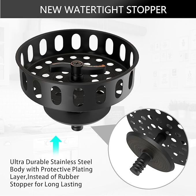 Kitchen Sink Drain Assembly 3-1/2 Inch Bronze Stainless Steel Kitchen Drain with T-Shaped Sink Strainer Basket and Drain Stopper for Standard Kitchen Sink Oil Rubbed Bronze